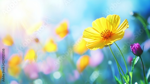Yellow Cosmos Flower in a Vibrant Field of Blooms