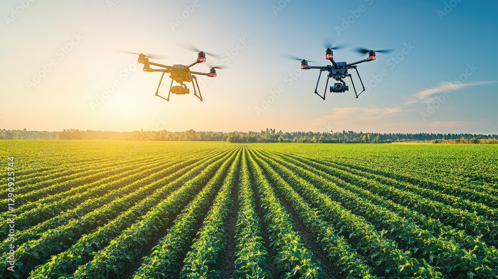 Aerial shot of drones working in unison over a large farm field, autonomous farming technology with clear copy space. Aerial shot of drones working in unison over a large farm field, autonomous farming technology with clear copy space.