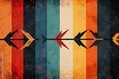 Bold retro arrows in vibrant stripes create a dynamic geometric pattern with vintage texture.