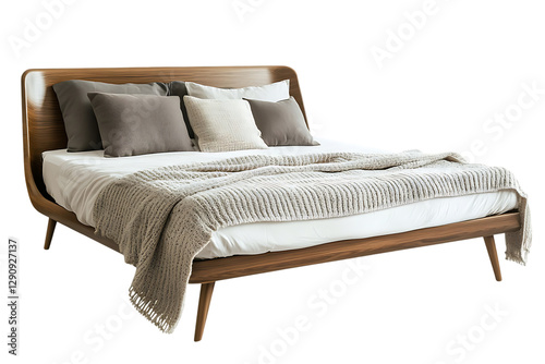 Modern wooden bed with pillows and blanket.
