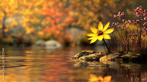 Yellow Flower by Autumn Lake
