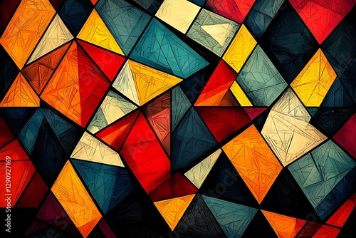 Vibrant geometric mosaic with warm and cool colors creating a dynamic abstract pattern