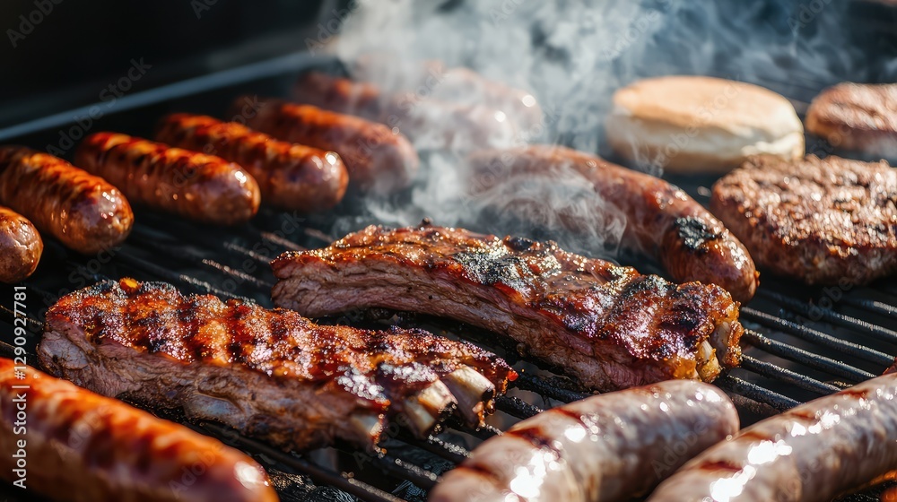 A BBQ grill filled with juicy grilled ribs, burgers, and sausages, surrounded by smoke, with room for text. A BBQ grill filled with juicy grilled ribs, burgers, and sausages, surrounded by smoke, with room for text.