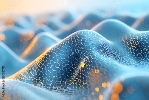 Abstract glowing network of hexagonal cells in flowing blue waves, representing advanced technology and science.