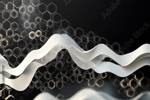 Abstract flowing ribbons create a sense of movement and connection against a backdrop of geometric honeycomb patterns.