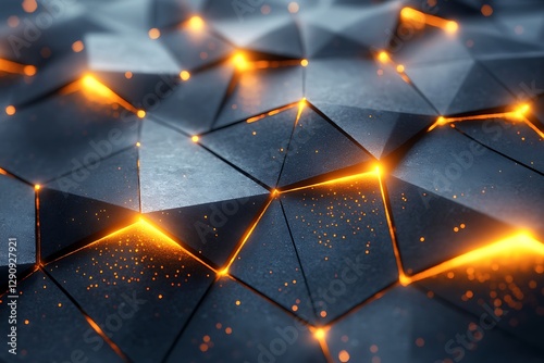 Abstract geometric pattern with glowing orange light and particles, representing technology and data.