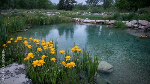 Yellow Flowers Blooming by a Clear Pond