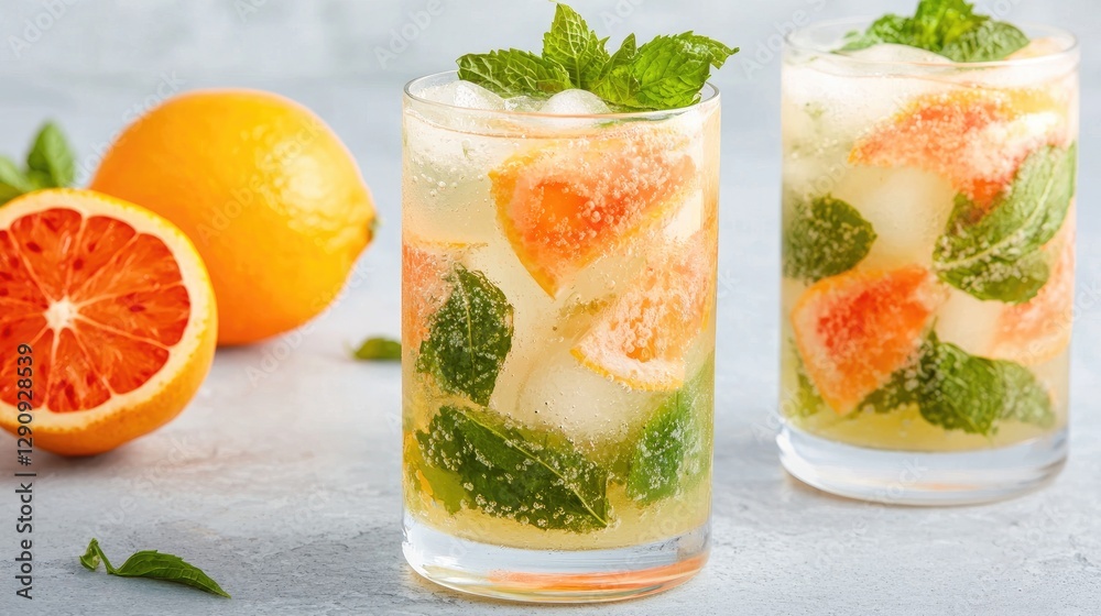 Fototapeta premium Refreshing grapefruit mint cocktails on a light gray surface