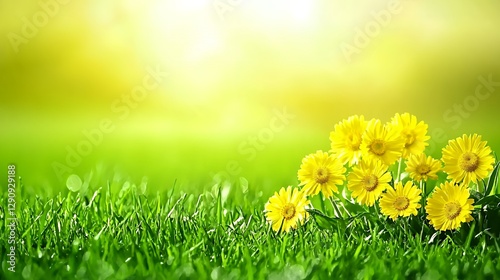 Yellow Flowers in Green Grass Under Bright Sunshine