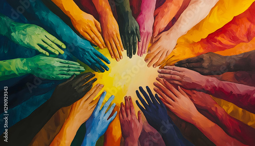 Diverse group of hands coming together in unity, illuminated by sunlight. This image symbolizes inclusivity, equity, and diversity, celebrating the power of collective action and togetherness