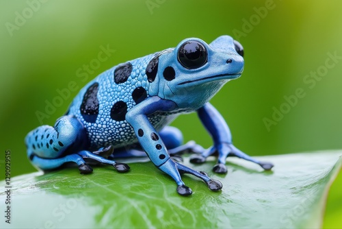 Close up of a vibrant blue poison dart frog with black spots, perched on a lush green leaf in a rainforest setting photo