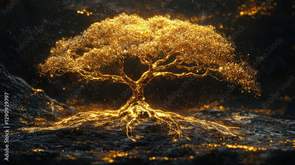 Fototapeta premium Enchanted tree with a luminous trunk illuminating the surrounding forest in a mystical and dreamlike atmosphere