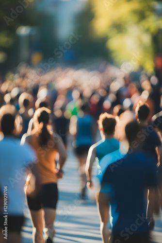 Diverse group of people participating in charity walk or run for World Health Day blurred background