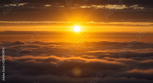 Golden sunrise over the horizon, dramatic sun rays piercing through thick clouds, high-resolution, ultra-sharp details, realistic lighting, warm golden tones, cinematic atmosphere, no noise, no blur