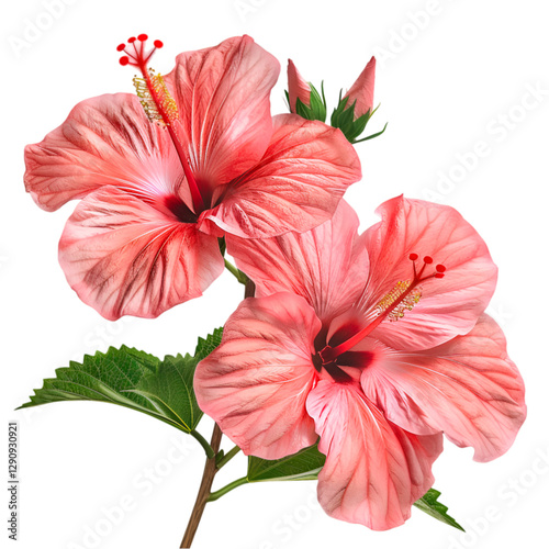Two Pink Hibiscus Flowers Blooming on Black Background, photo