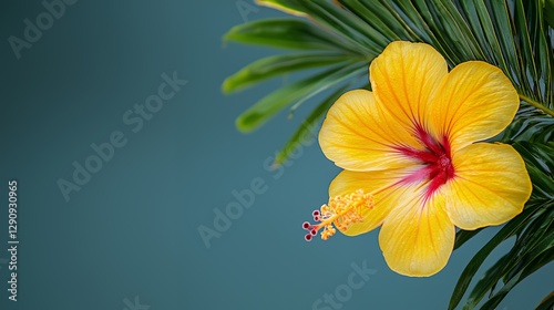 Yellow Hibiscus Flower with Green Leaves on Teal Background