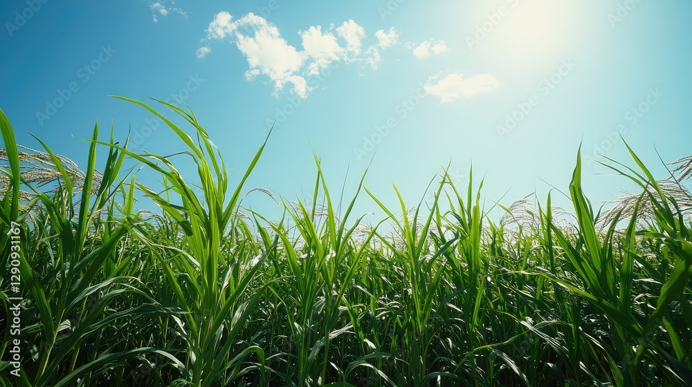 Obraz premium A field of lush green sugarcane plants swaying in the breeze, bright clear skies overhead with ample copy space.