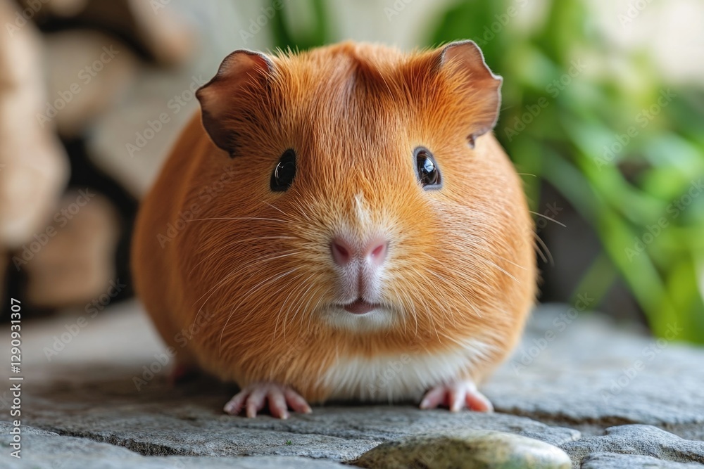 A brown and white guinea pig sits comfortably on the top of a rock, enjoying its surroundings