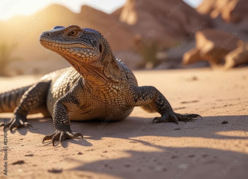 Obraz premium Desert monitor lizard basking in morning light , desert landscapes, outdoor scenery, wildlife photography