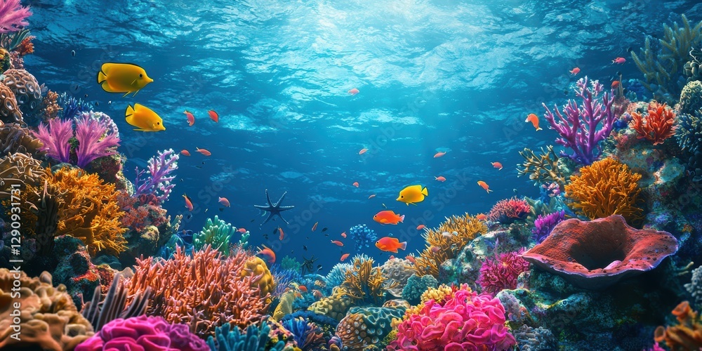 Fototapeta premium 3d background minimalistic mockup with space for text, colorful coral reef with vibrant marine life swimming through