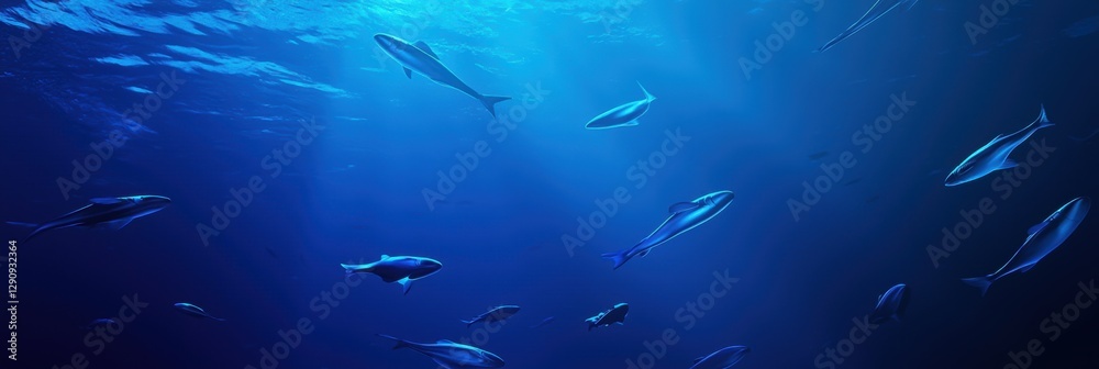 Fototapeta premium 3d background minimalistic mockup with space for text, glowing fish swimming through a deep blue gradient