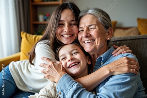 Heartwarming Moment: A Middle-Aged Caucasian Woman and Her Two Daughters, One Adult and One Child, Embrace on a Cozy Sofa in a Sunlit Room, Radiating Joy and Family Togetherness