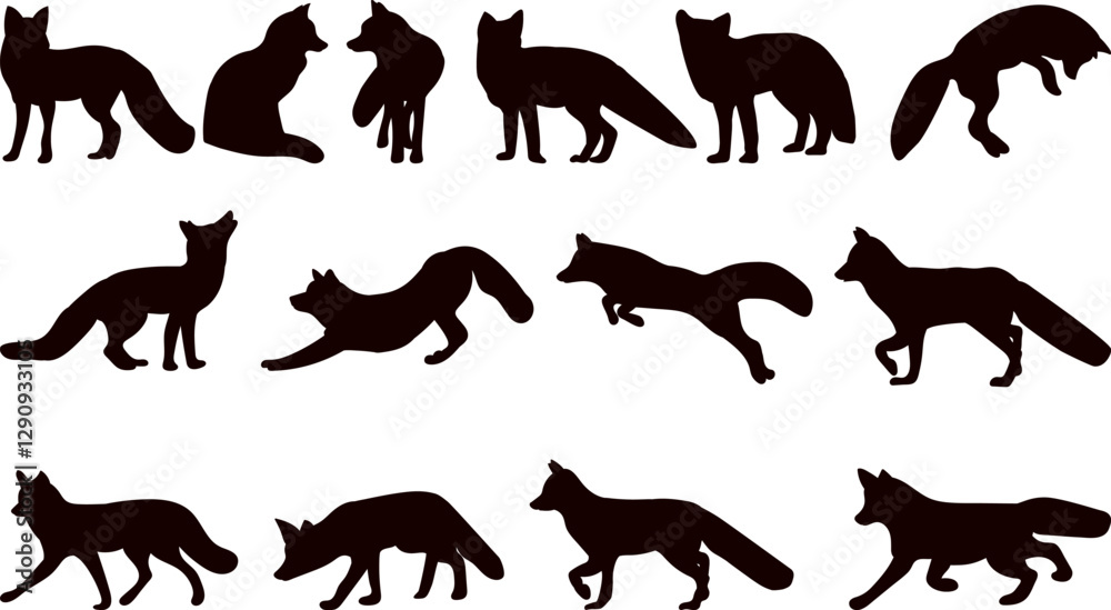 fox silhouette in different angles collection on white background, vector fox silhouette in different angles collection on white background, vector