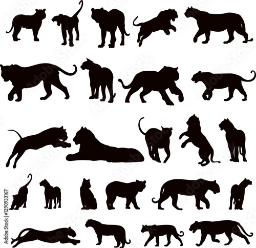 silhouette tigers in different angles collection on white background, vector