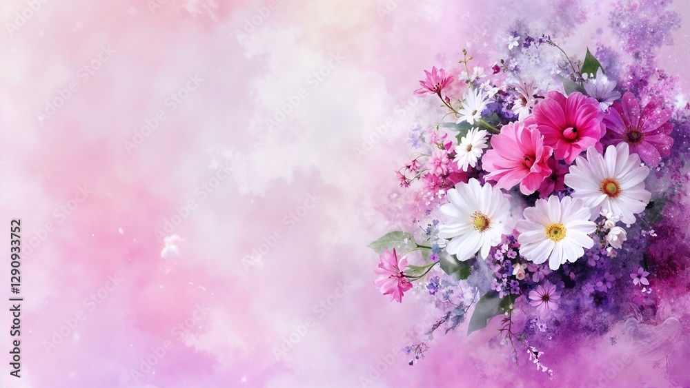 Watercolor Flowers Romantic Bouquet on Pink Background Watercolor Flowers Romantic Bouquet on Pink Background