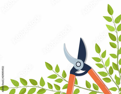 Pruning plant with pruning shears on white background, copy space, home garden theme