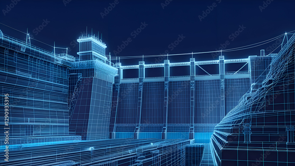 Fototapeta premium Hydroelectric dam power station for Hydro energy electricity infrastructure Industrial Engineering Technical wireframe model