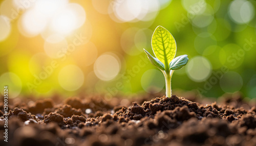 Bright seedling emerging in nourishing soil under warm sunlight, growth