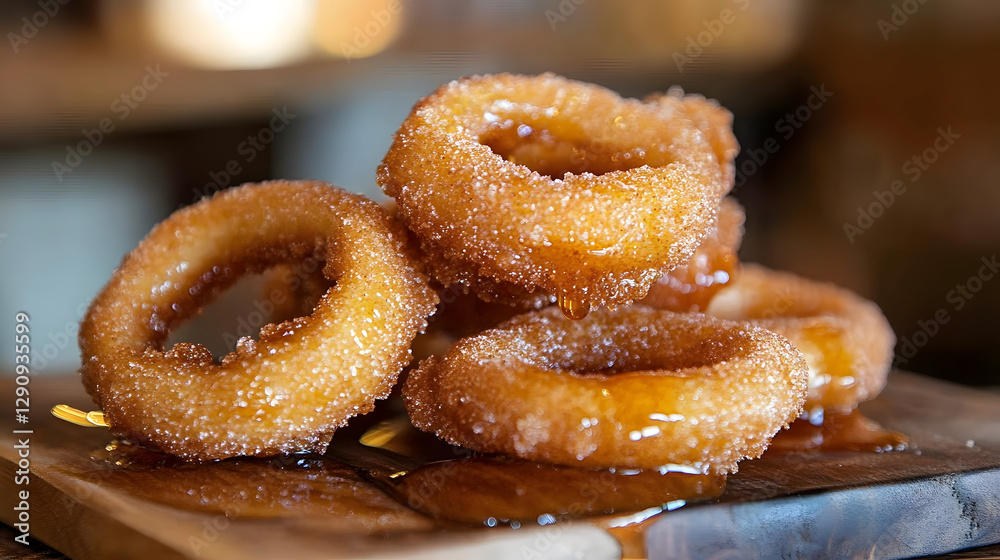 Crispy apple rings fried to perfection with a rich cinnamon-sugar coating, presented on a wooden board with honey drizzle. Crispy apple rings fried to perfection with a rich cinnamon-sugar coating, presented on a wooden board with honey drizzle.