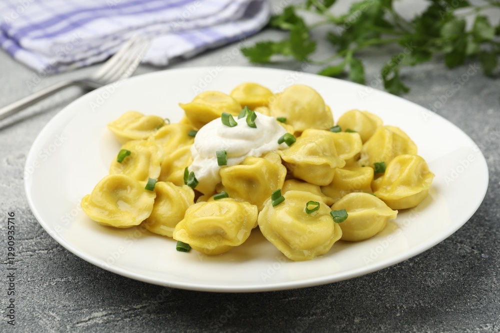 Tasty dumplings with green onion and sour cream on grey textured table, closeup Tasty dumplings with green onion and sour cream on grey textured table, closeup
