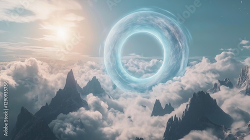 A surreal portal to another dimension floating in the sky.