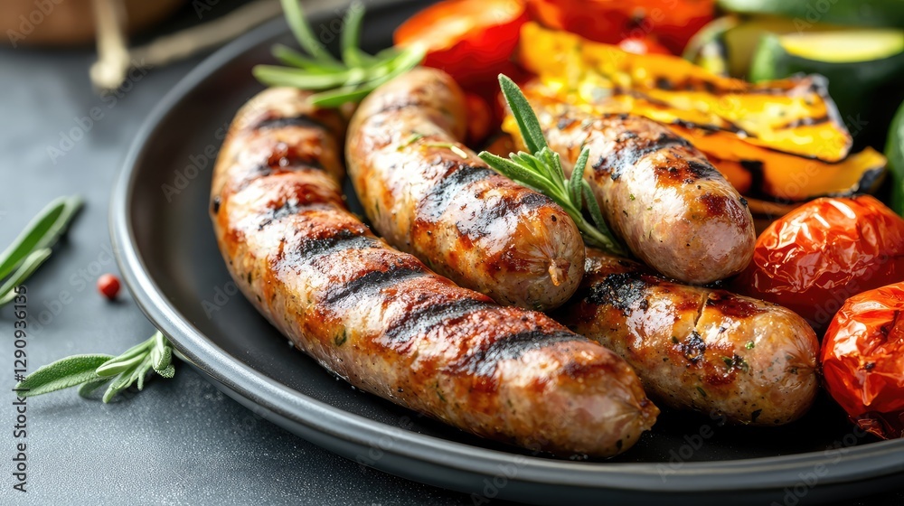 A sizzling plate of grilled sausages with char marks, served with grilled vegetables, leaving room for copy. A sizzling plate of grilled sausages with char marks, served with grilled vegetables, leaving room for copy.