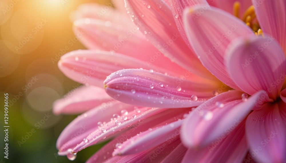 Delicate water droplets on pink flower petals, morning garden beauty Delicate water droplets on pink flower petals, morning garden beauty