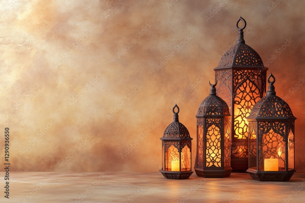 Fototapeta premium Eid Mubarak and Ramadan Kareem greetings with Islamic lanterns behind the wall background with copy space. Backdrop in light brown and gold colors