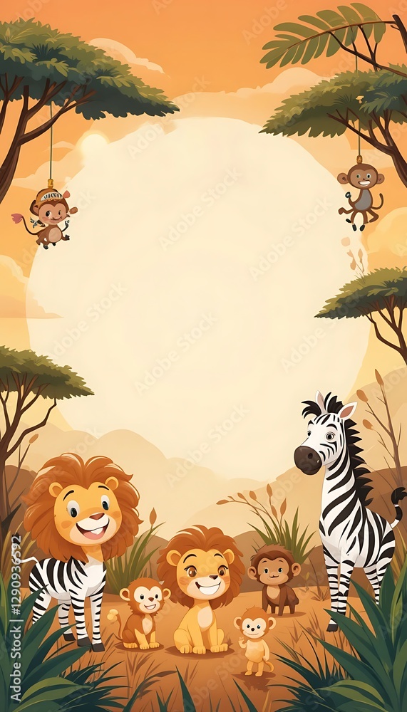 Naklejka premium Cartoon Safari Animals with Lions, Zebras, and Monkeys in Savanna