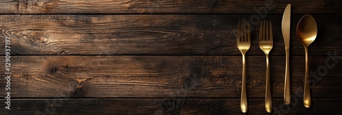 3d background minimalistic mockup with space for text, rich dark wood table with elegant golden cutlery and soft lighting