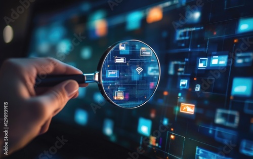 Hand Holding Magnifying Glass on Digital Data