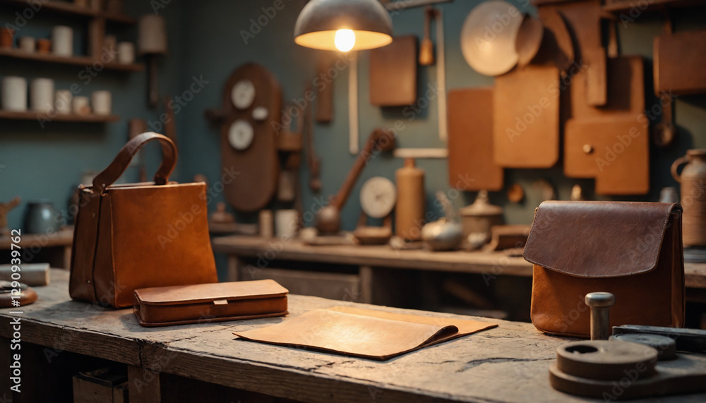 Leather bags and wallet displayed on a wooden table in a craft workshop with vintage tools Leather bags and wallet displayed on a wooden table in a craft workshop with vintage tools