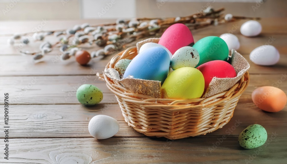 Naklejka premium Wicker basket with easter colorful eggs on kitchen wooden table. Spring easter composition