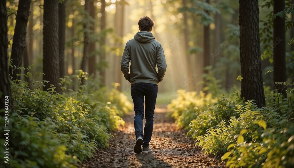 Fototapeta premium Young man walking through a sunlit forest path surrounded by greenery and trees