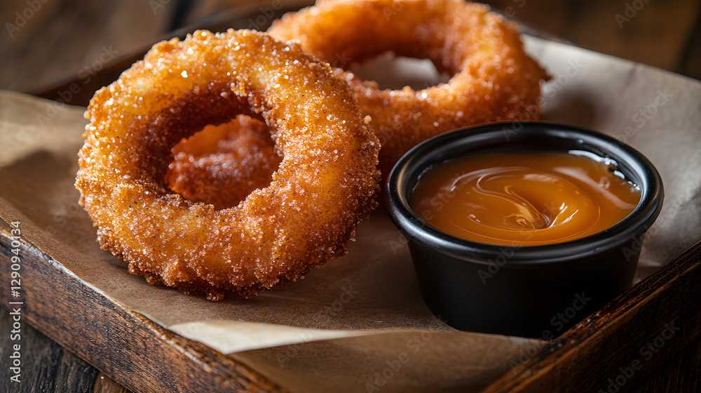 Deep-fried apple rings with a crispy cinnamon sugar crust, served with a side of melted caramel for dipping. Deep-fried apple rings with a crispy cinnamon sugar crust, served with a side of melted caramel for dipping.