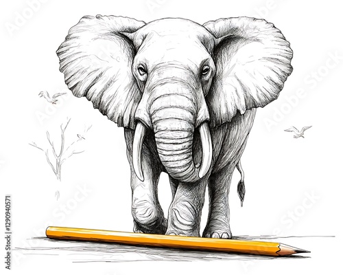 An Elephant Illustrated with Pencil Standing Beside a Yellow Pencil