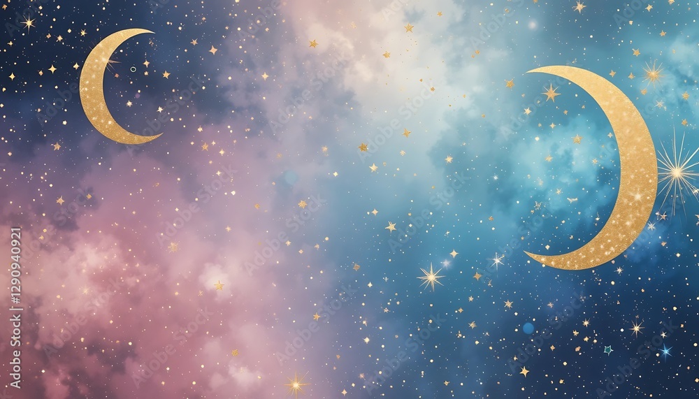 Naklejka premium Golden Crescent Moons and Stars in a Dreamy Night Sky Artwork