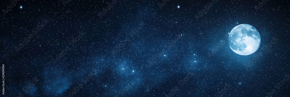 Fototapeta premium 3d background minimalistic mockup with space for text, realistic night sky full of bright stars and a glowing full moon