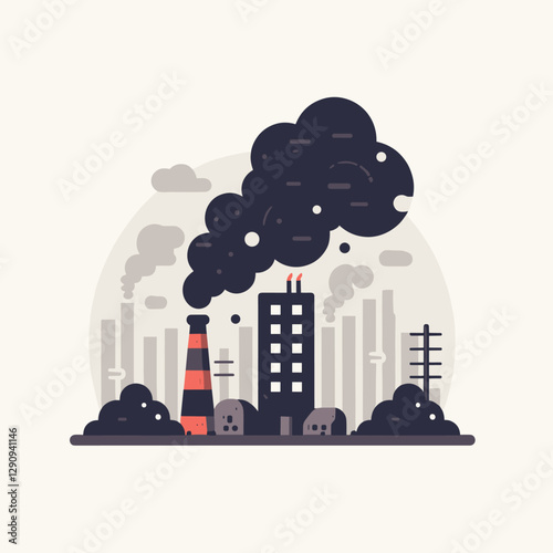 A minimalist flat design illustration of pollution, showcasing environmental concerns with simple shapes and modern aesthetics. Suitable for awareness campaigns, educational tools, and creative projec