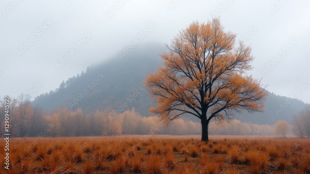 Fototapeta premium Lone Tree With Autumn Leaves in Misty Landscape; Mountains Behind, Perfect for Nature Tours and Outdoor Photography